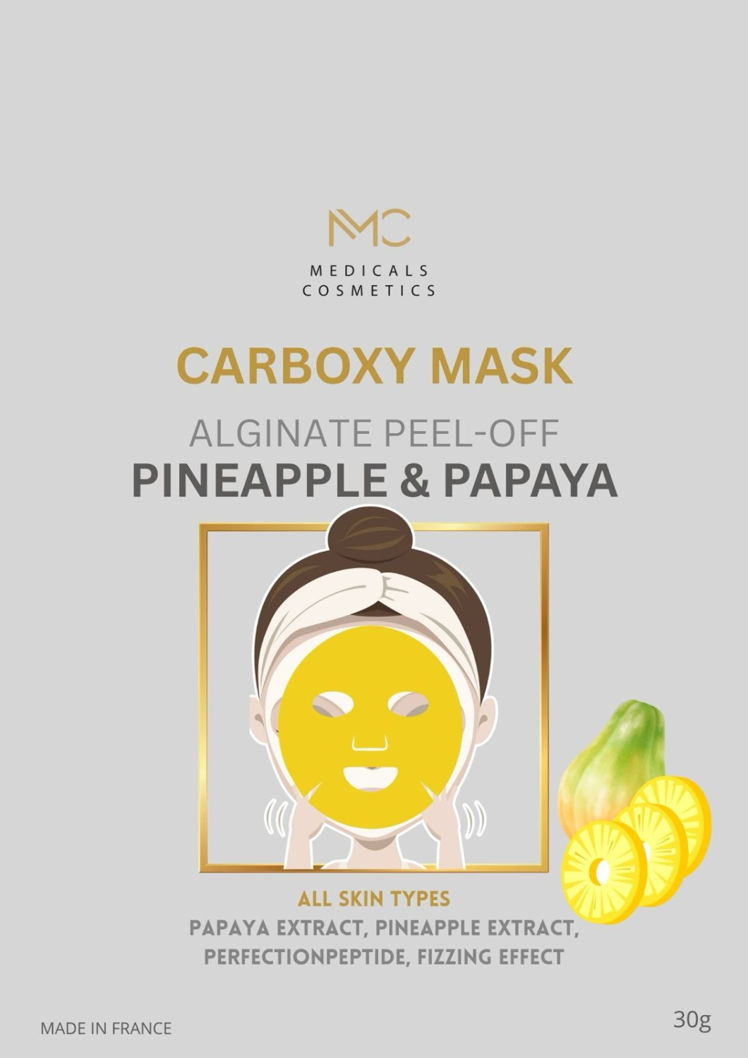 MULTI ACTION ALGINAT MASK 
3 Behandlungen in einem Paket - Nährende, feuchtigkeitsspendende Alginatmaske mit Extrakten aus Ananas und Papaya.