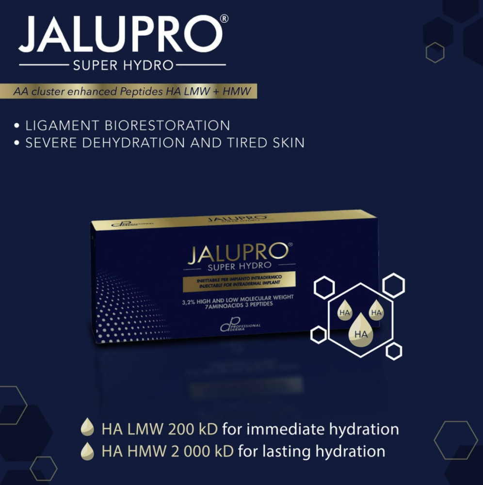 JALUPRO SUPER HYDRO <br> Lifting Filler und Collagen Booster <br> Bis zu 80mg HA - 3,2% <br> HMW+LMW HA <br> + 7 Aminosäuren <br> + 3 Peptide