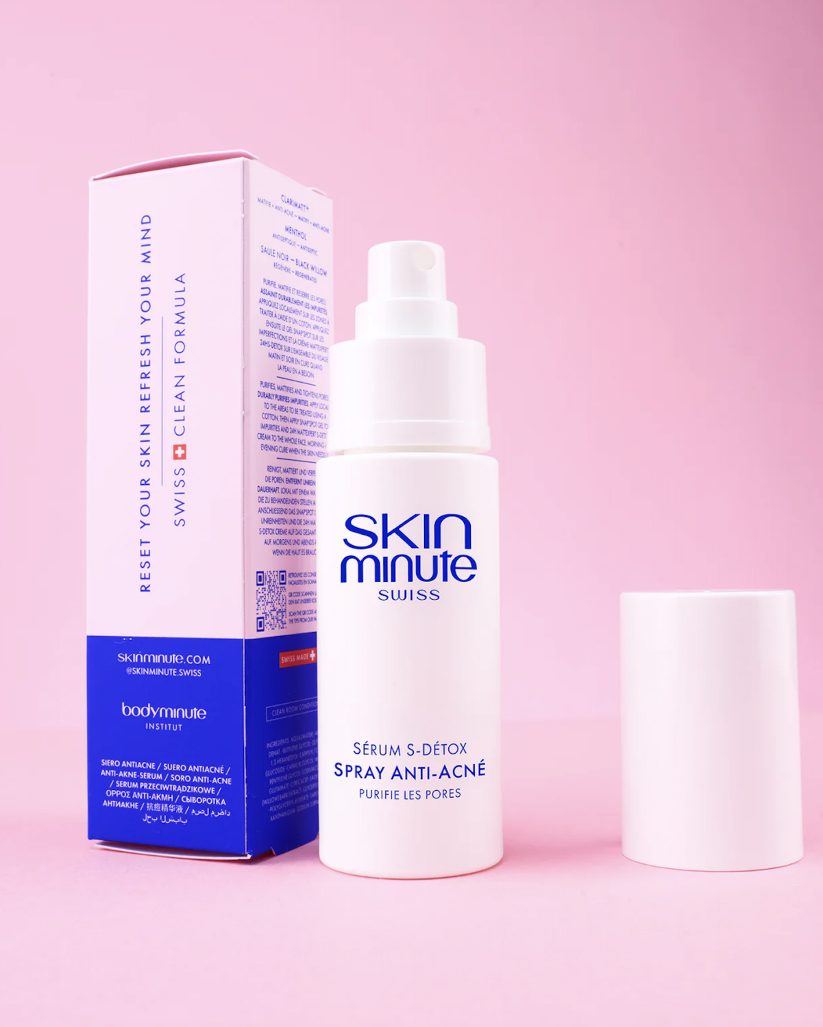 SKIN MINUTE S-DETOX ANTI-ACNE SPRAY SERUM 
Spray zur Mattierung der Haut mit Menthol und Schwarzkiefer Reinigendes und mattierendes Akne-Spray