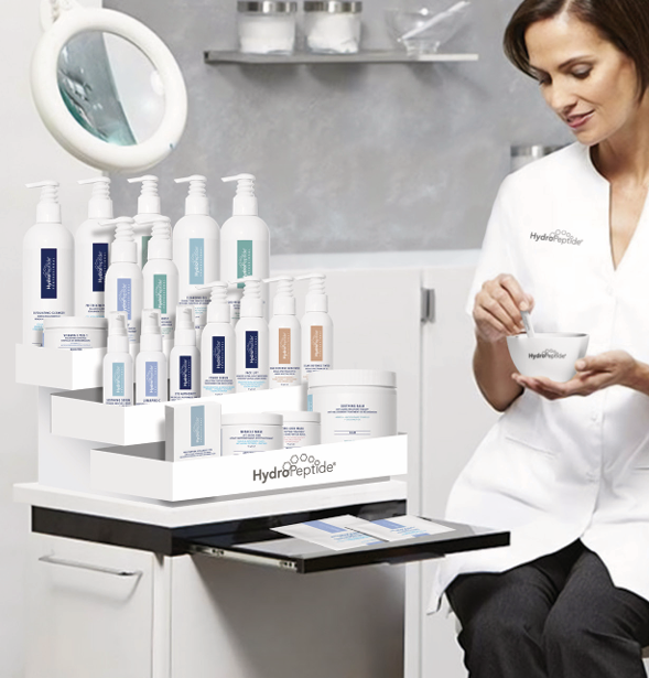 Organizér do ošetrovacej miestnosti pre profesionálne produkty. Hydropeptide Treatment Room Table Top Shelf