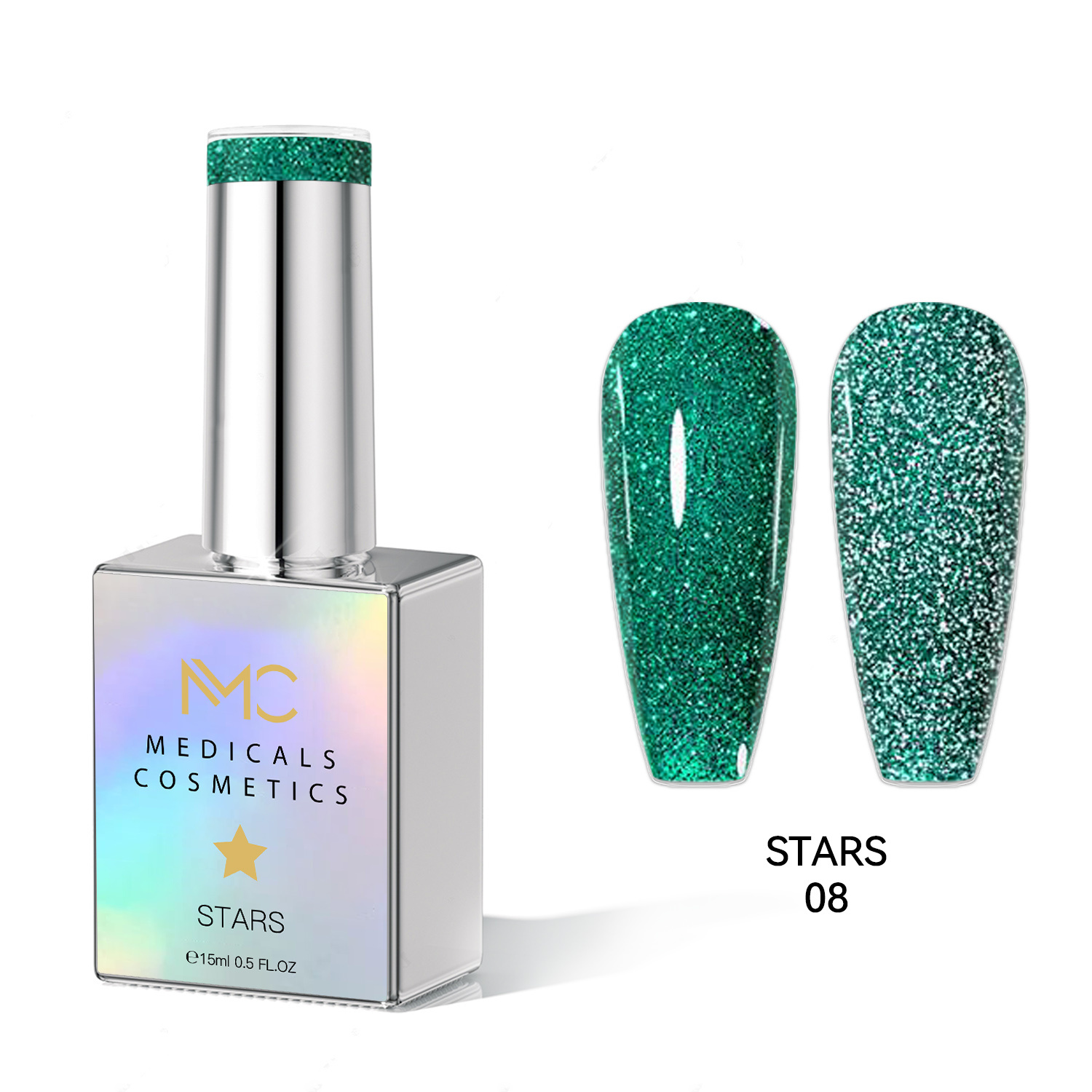 STARS GEL POLISH - HEMA FREE - PROFESSIONAL MEDICALS COSMETICS - NAILS COLOR REFLECTIVE GEL 
MC STARS 08 - Grünes Gel für Nägel mit funkelndem Effekt unter UV-Lampe. HEMA FREI
