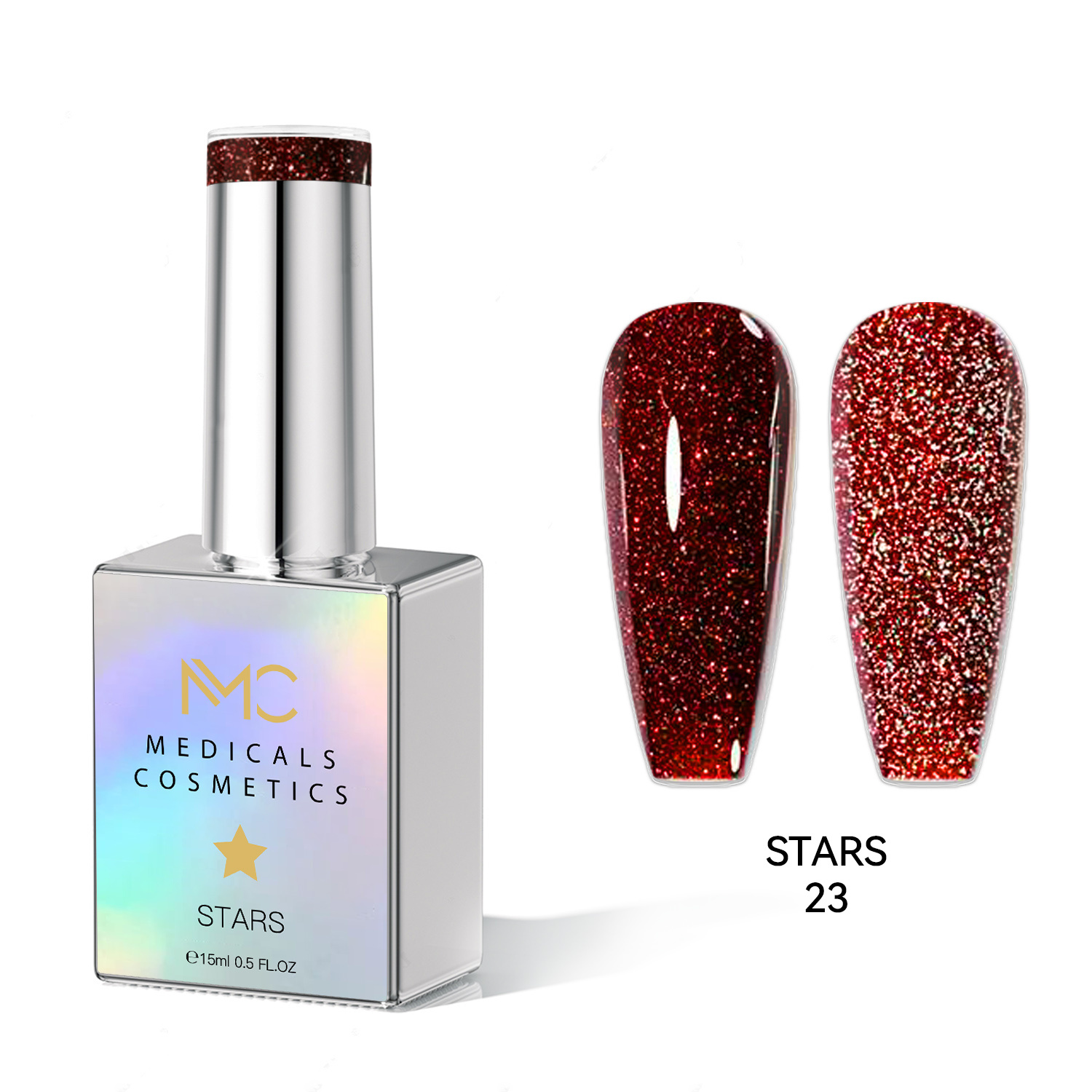 STARS GEL POLISH - HEMA FREE - PROFESSIONAL MEDICALS COSMETICS - NAILS COLOR REFLECTIVE GEL 
MC STARS 23 - Rotes Gel für Nägel mit schimmerndem Effekt unter UV-Lampe. HEMA FREI