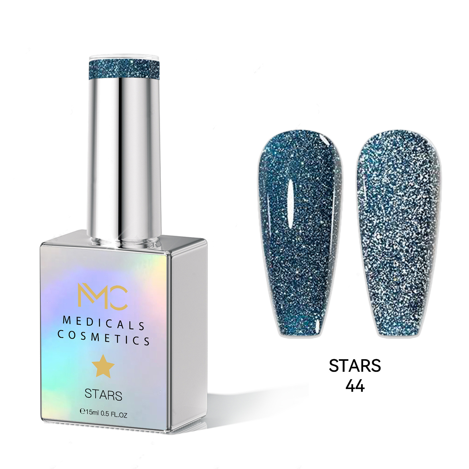 STARS GEL POLISH - HEMA FREE - PROFESSIONAL MEDICALS COSMETICS - NAILS COLOR REFLECTIVE GEL 
MC STARS 44 - Blauer Gel-Lack für Nägel mit schimmerndem Effekt unter der UV-Lampe. HEMA FREI