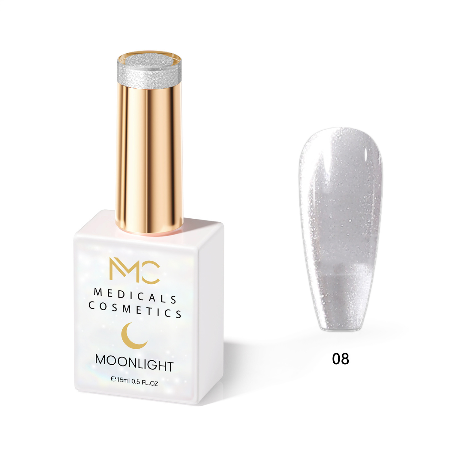 MOONLIGHT GEL POLISH  HEMA FREE  NAILS COLOR GEL PROFESSIONAL  MC MEDICALS COSMETICS 
MC MOONLIGHT 08  Durchsichtiges perlmuttfarbenes - silbernes Nagelgel mit funkelndem Schimmer und 3D-Effekt unter der UV-Lampe. HEMA FREE