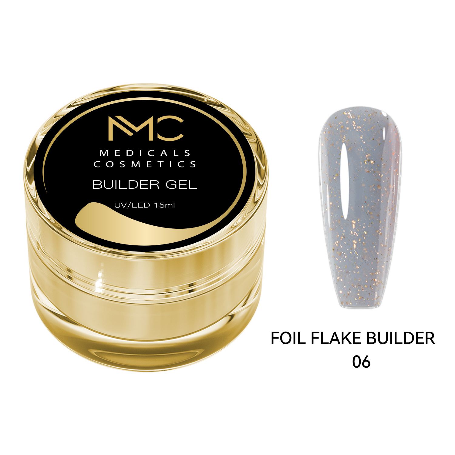 BUILDER GEL FOIL FLAKE - PROFESSIONAL MEDICALS COSMETICS - GLITTER PURPLE 
Klares violettes Modelliergel für Nägel mit feinen silbernen Folien-Flocken