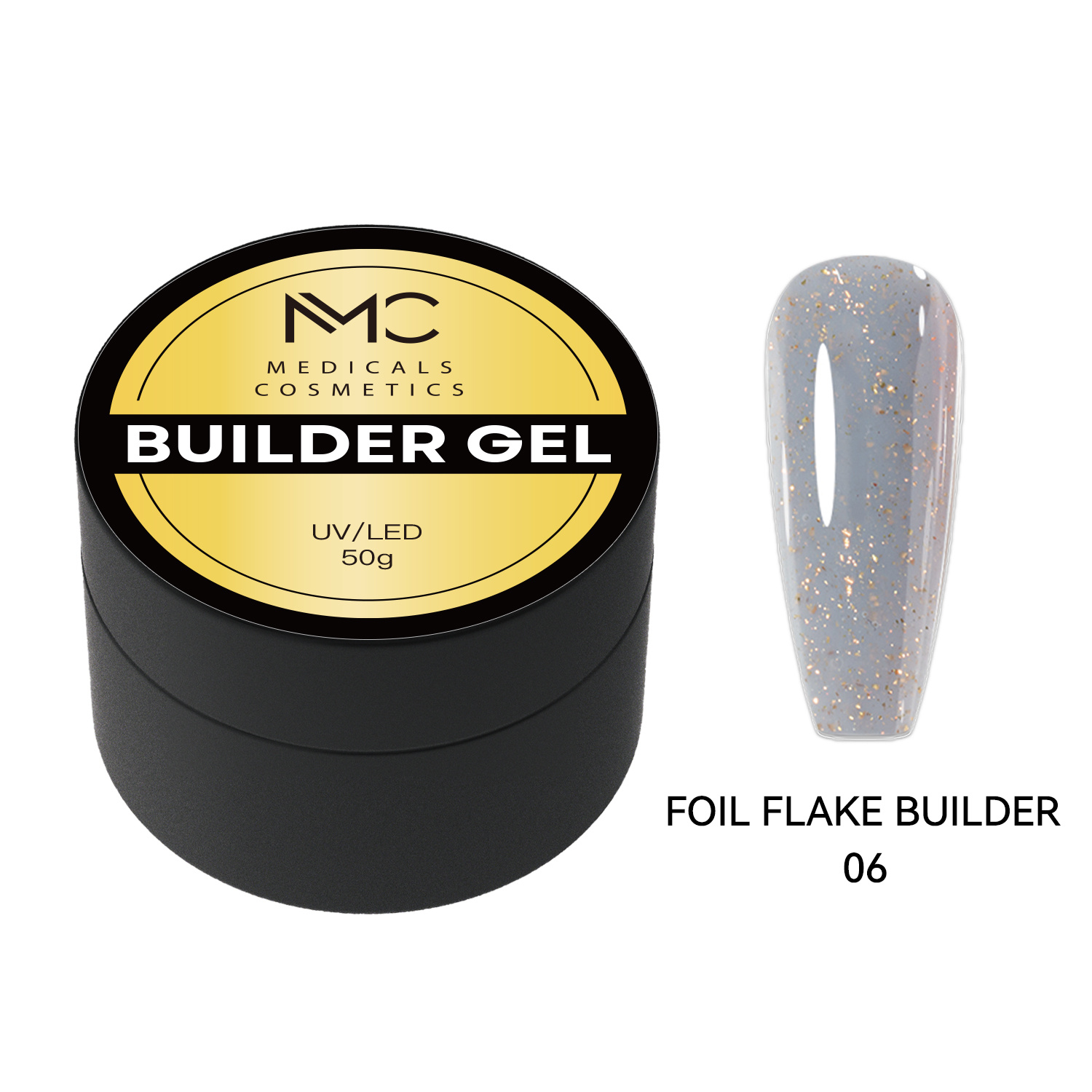 BUILDER GEL FOIL FLAKE - PROFESSIONAL MEDICALS COSMETICS - GLITTER PURPLE 
Klares violettes Modelliergel für Nägel mit feinen silbernen Folien-Flocken