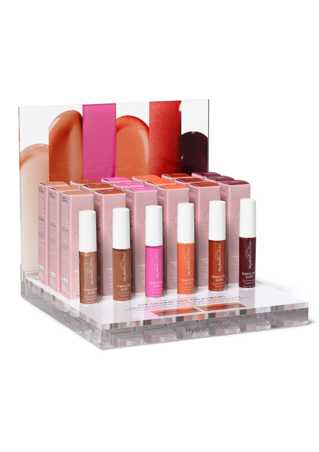 HYDROPEPTIDE PERFECTING GLOSS DISPLAY (6 TESTER SLOTS) 
Präsentationsständer zur Ausstellung von HP-Glanzstoffen