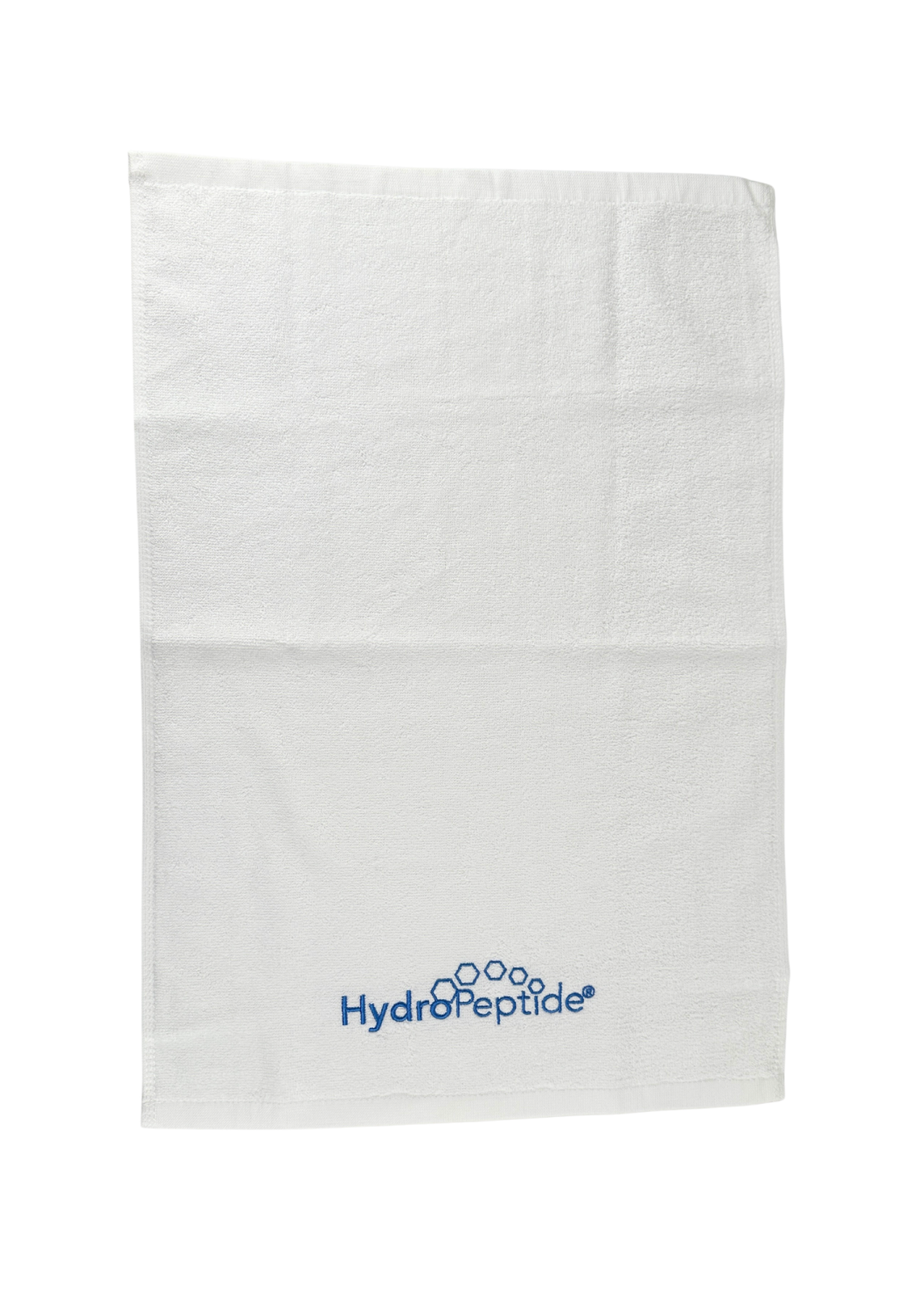 TOWEL HYDROPEPTIDE SMALL, WHITE WITH BLUE LOGO 
40x60 cm Kleines Baumwollhandtuch mit HydroPeptide-Logo, weiß mit blauer Stickerei