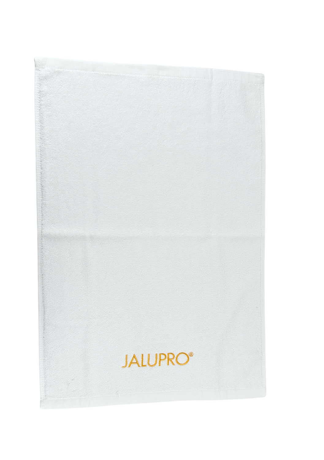 TOWEL JALUPRO SMALL, WHITE WITH GOLDEN LOGO 
40x60 cm Kleines Baumwollhandtuch mit Jalupro-Logo, weiß mit goldener Stickerei