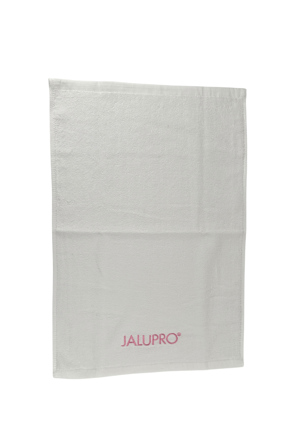 TOWEL JALUPRO SMALL, WHITE WITH PINK LOGO 
40x60 cm Kleines Baumwollhandtuch mit Jalupro-Logo, weiß mit rosa Stickerei