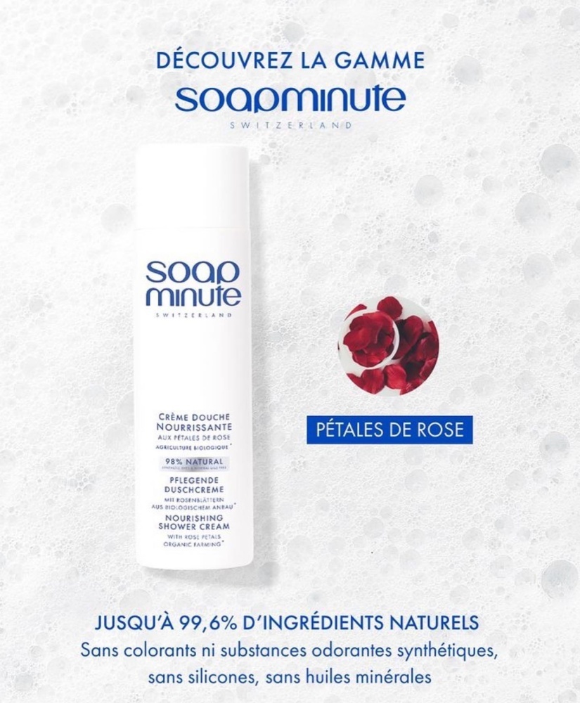SKIN MINUTE GEL DOUCHE NOURRISSANTE <br> Rabatt 50% 
Duschcreme mit Jojoba, Rosenblättern und Aloe Vera<br>Nährendes und belebendes Duschgel