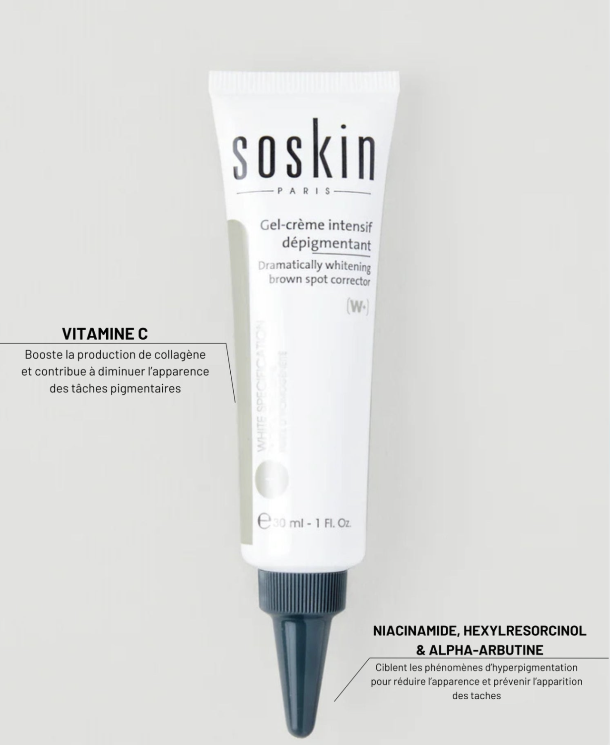 SOSKIN DRAMATICALLY WHITENING BROWN SPOT CORRECTOR 
Intensives depigmentierendes Gel-Crème 30 ml.