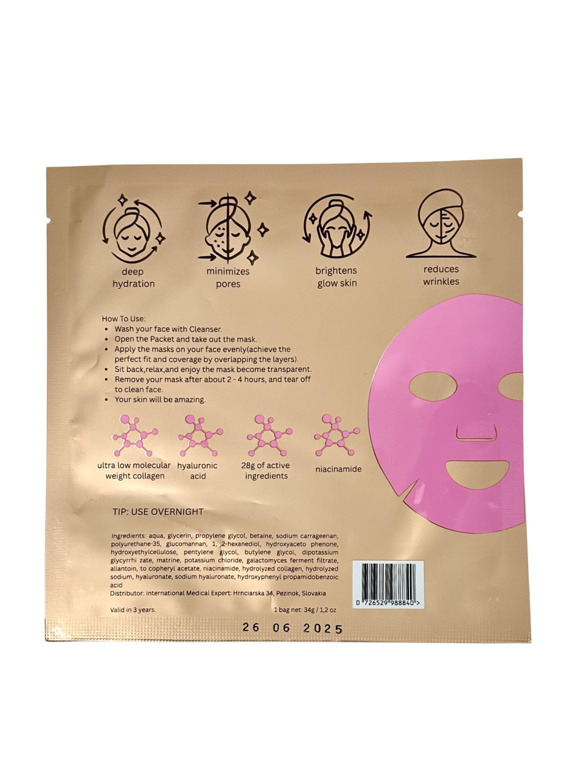 GIFT MEDICALS COSMETICS QUEEN COLLAGEN PINK MASK 
Geschenk Hydrogel-Gesichtsmaske von Medicals Cosmetics mit Kollagen, Hyaluronsäure und Niacinamid