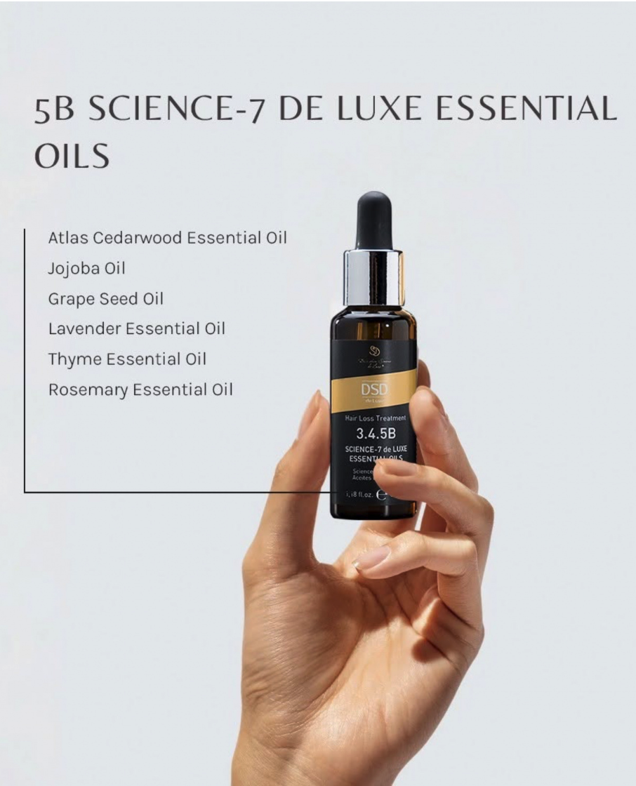 DSD SIMONE DE LUXE SCIENCE-7 DE LUXE ESSENTIAL OILS 
3.4.5B Komplex ätherischer Öle, die den Haarwuchs fördern<br>Hohe Konzentration. Psoriasis, trockene Haare