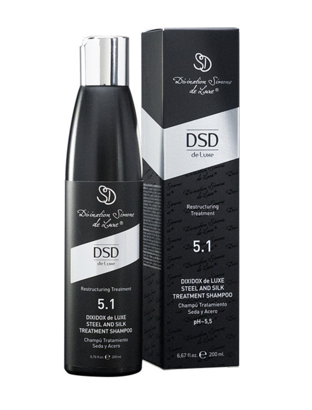 DSD SIMONE DE LUXE STEEL AND SILK SHAMPOO 
5.1 Shampoo für feines und strapaziertes Haar zur Stärkung. Hydratisiert, aber belastet das Haar nicht.