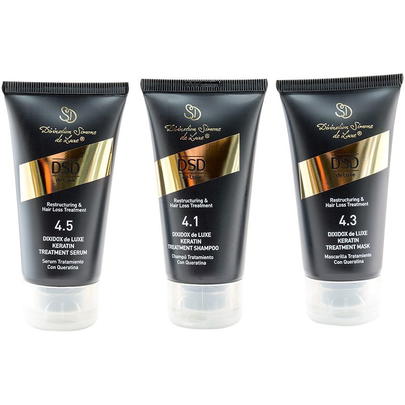 DSD SIMONE DE LUXE KERATIN TRAVEL SET 
4.1 + 4.3 + 4.5 Travel-Set für Haare mit Keratin. Erneuerndes Shampoo, Serum und Maske mit Keratin. Luxus-Haare bei jedem Schritt und auf all Ihren Reisen.