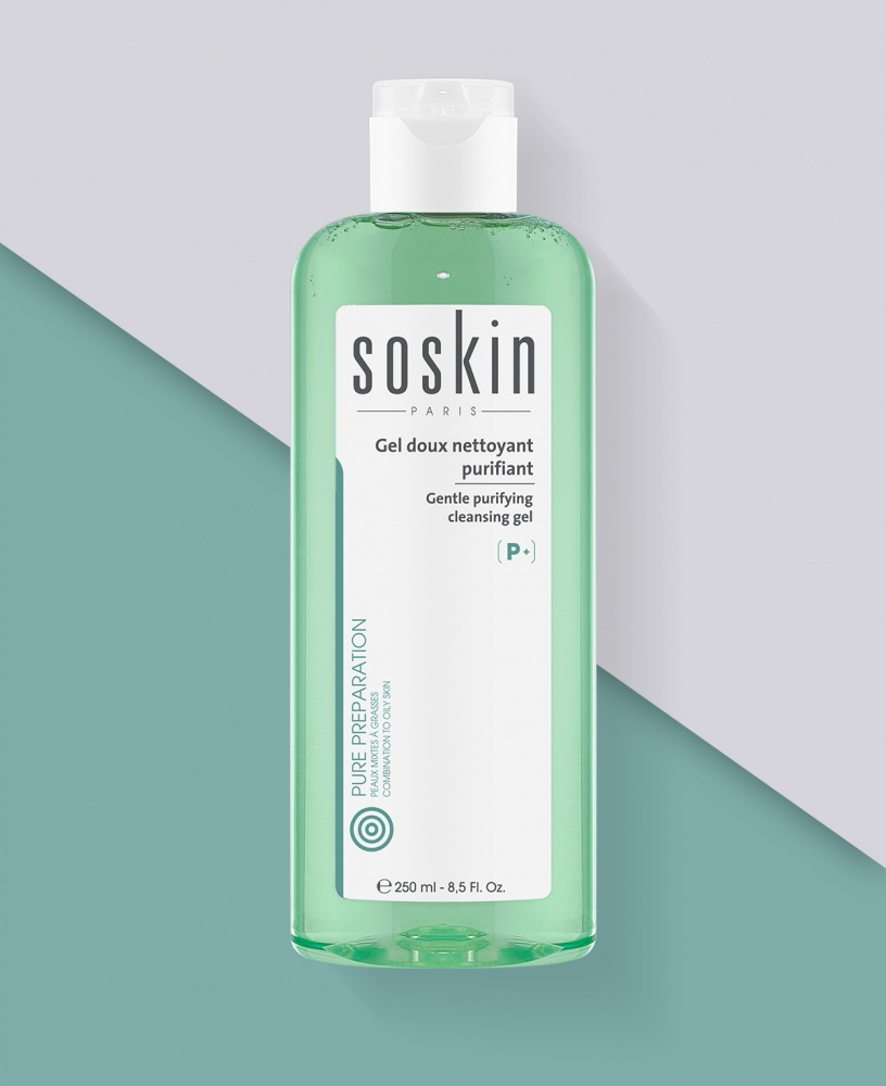 SOSKIN GENTLE PURIFYING CLEANSING GEL 
Reinigungsgel für fettige und gemischte Haut <br>250 ml.