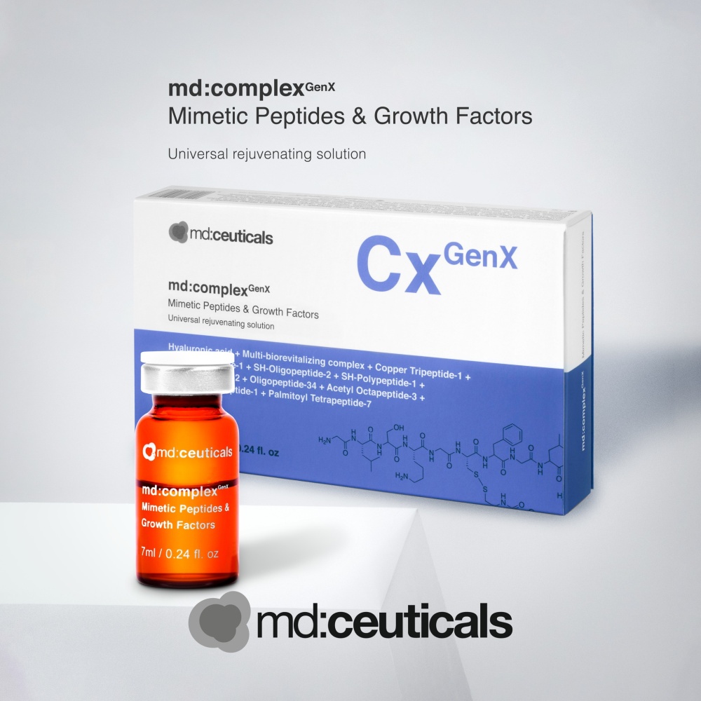 MD:CEUTICALS md:COMPLEX GENX MIMETIC PEPTIDES & GROWNH FACTOR 
Mesotherapeutischer Cocktail mit Wachstumsfaktoren und Peptiden. Verjüngt, startet die Haut bis auf zellulärer Ebene der DNA neu.