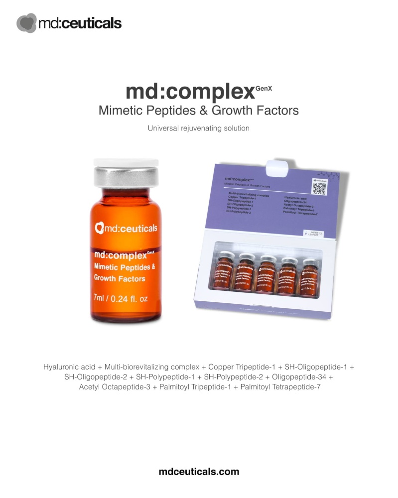 MD:CEUTICALS md:COMPLEX GENX MIMETIC PEPTIDES & GROWNH FACTOR 
Mesotherapeutischer Cocktail mit Wachstumsfaktoren und Peptiden. Verjüngt, startet die Haut bis auf zellulärer Ebene der DNA neu.