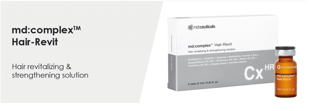 MD:CEUTICALS md:COMPLEX HAIR REVIT 
Mesotherapie für Haare. Effektive Behandlung, die auf das Wachstum, die Festigkeit und die Dichte der Haare wirkt.